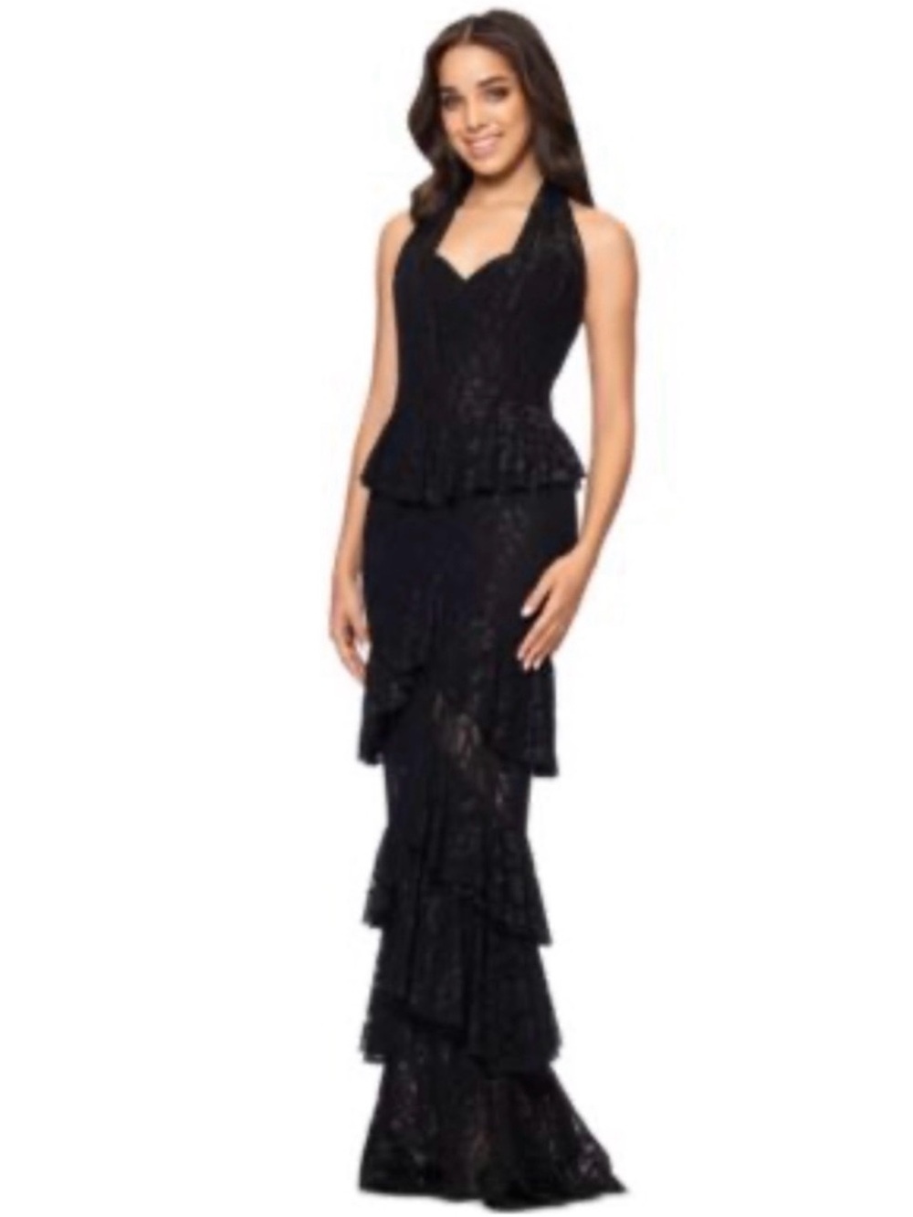 Betsy & Adam Black Lace Halter Tiered Evening Dress - NEW with tags